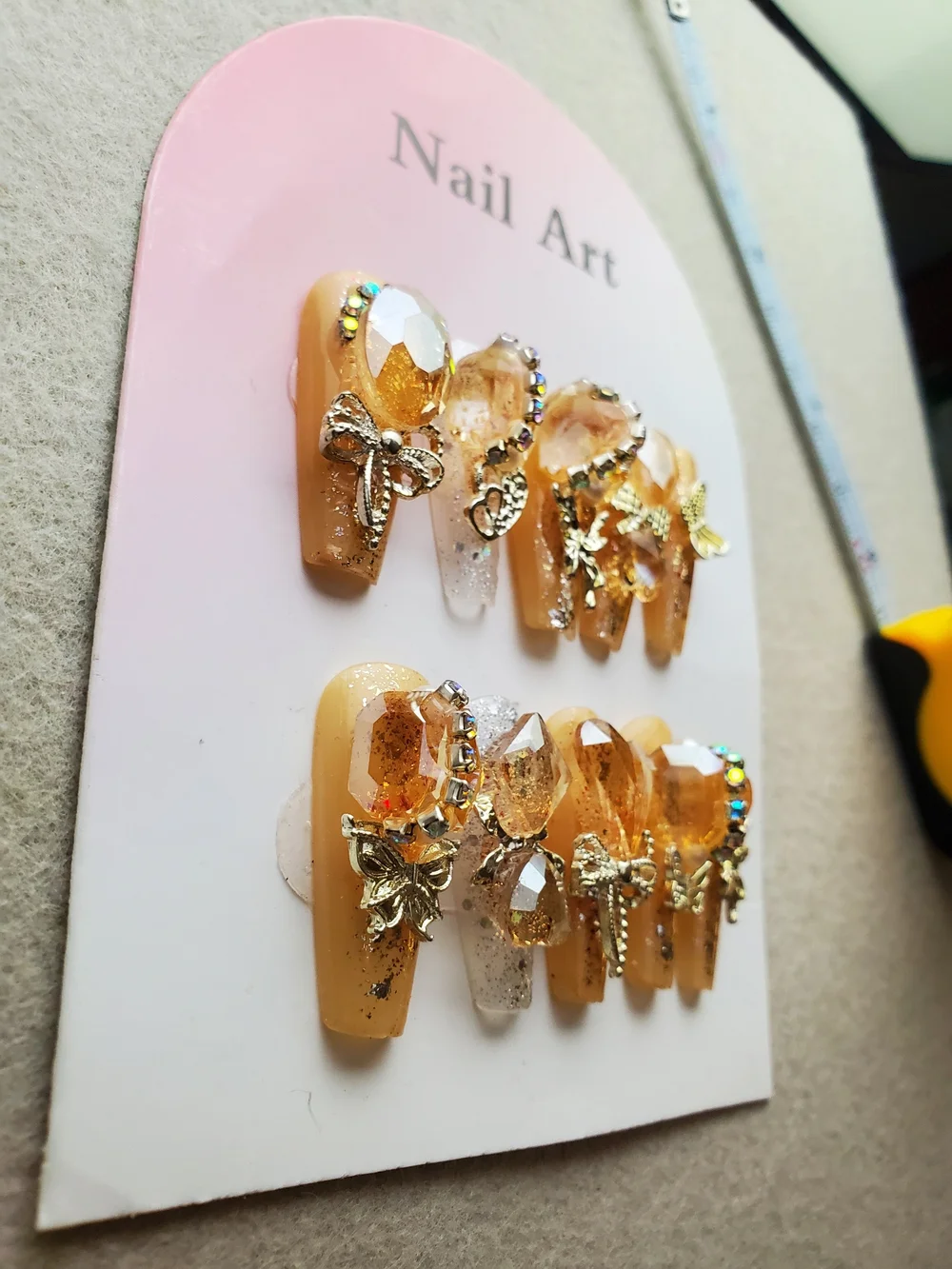 🍑 Peach Nectar Opulence | 3D Crystal Press-On Nails